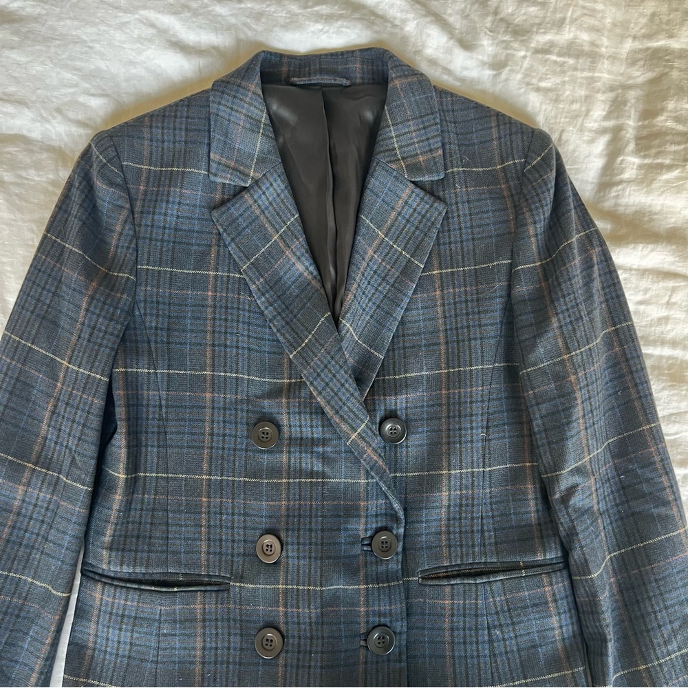 And Other Stories Navy Plaid Double Breasted Blazer in Size S